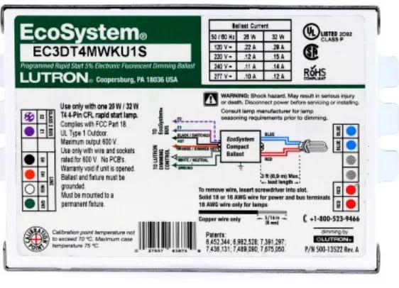 Lutron Programmed Rapid Start CFL 120V/220V/240V/277V Dimmable Ballast For (1) 26 Watt - 32 Watt 4 Pin Bulb (EC3DT4MWKU1S)